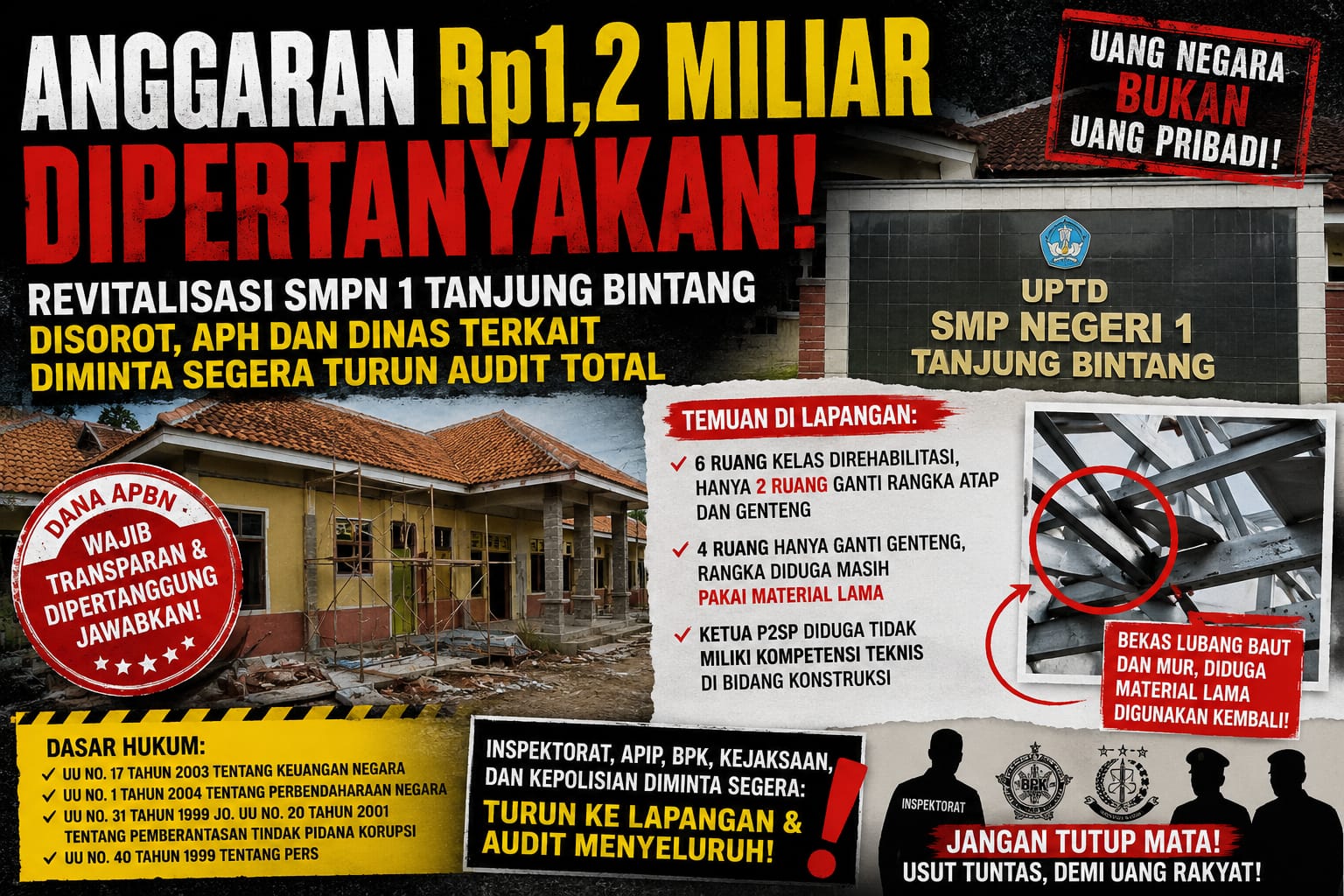 Hasil Pemantauan Rehabilitasi SMPN 1 Tanjung Bintang Dorong Evaluasi Teknis Proyek