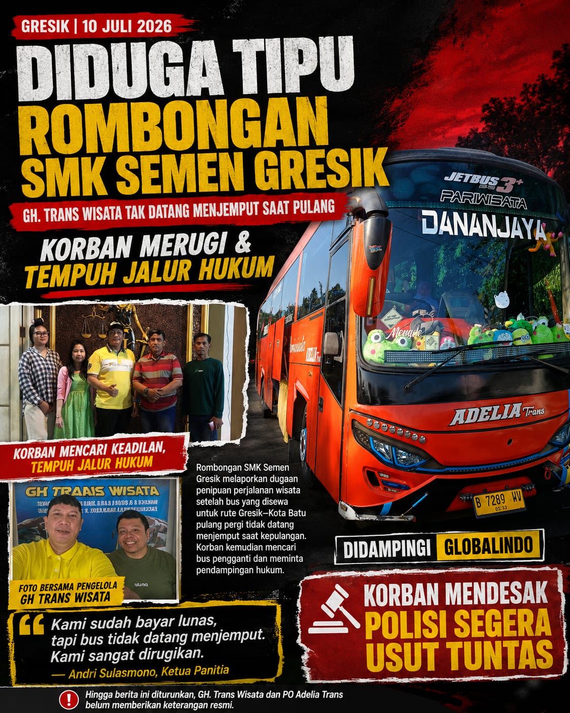 Panitia Wisata SMK Semen Gresik Tempuh Jalur Hukum Terkait Dugaan Layanan Bus Tak Sesuai Kesepakatan