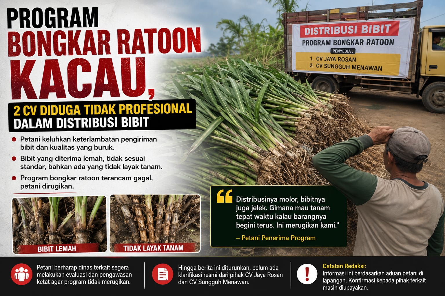 Distribusi Bibit Program Bongkar Ratoon Disorot, Petani Pertanyakan Ketepatan Waktu dan Mutu Bantuan